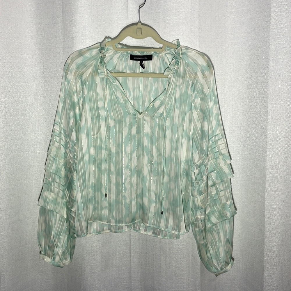 BCBG MaxAzria Semi-sheer blouse. Aqua & white with fine metallic stripes.